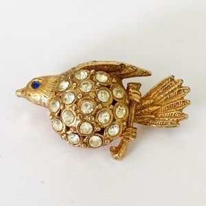 Vintage / antique gold tone rhinestone bird brooch pin